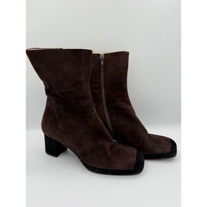 Bruno Magli Women's Suede Mid-Calf Boots Brown Black Cap Toe Block Heel Size 7